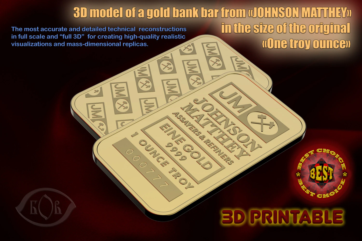 GOLD BAR 1oz JOHNSON MATTHEY TROY OUNCE Printable 3D Model .c4d .max .obj .3ds .fbx .stl .blend 