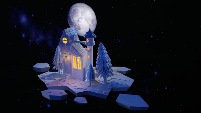Night house on the background of the moon 3D Модель .c4d .max .obj .3ds .fbx .stl .blend 