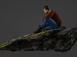 Sad man sitting on a stone 3D Model