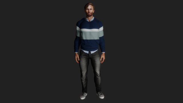 Realistic of a 35-Year-Old Man in Blue Sweater 3Dモデル .c4d .max .obj .3ds .fbx .stl .blend 
