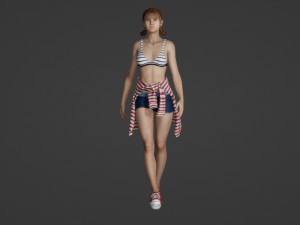 Young Woman in Swimsuit and Denim Shorts 3D Model