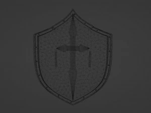 Uno scudo riscaldatore rosso con una parte superiore appuntita e una croce dorata Modello 3D