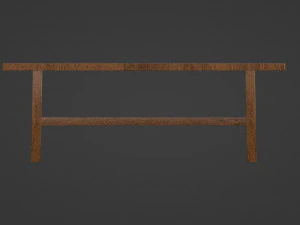 A long dining table with support beams and medium-thick rectangular legs 3D Model