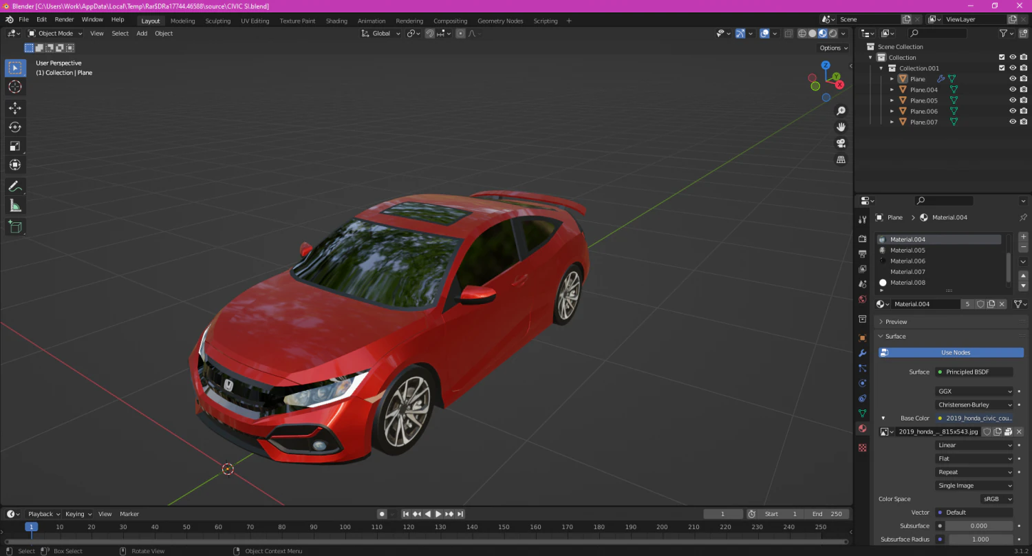 Honda Civic SI Coupe 3D Model .c4d .max .obj .3ds .fbx .stl .blend