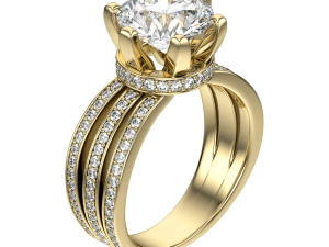 Pave Triple Shank Diamond Engagement Ring 3D Model