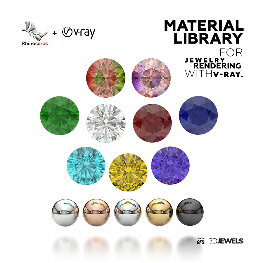 Jewelry Material Library for Rhinoceros with V-Ray 5 Rendering 3D Model .c4d .max .obj .3ds .fbx .stl .blend