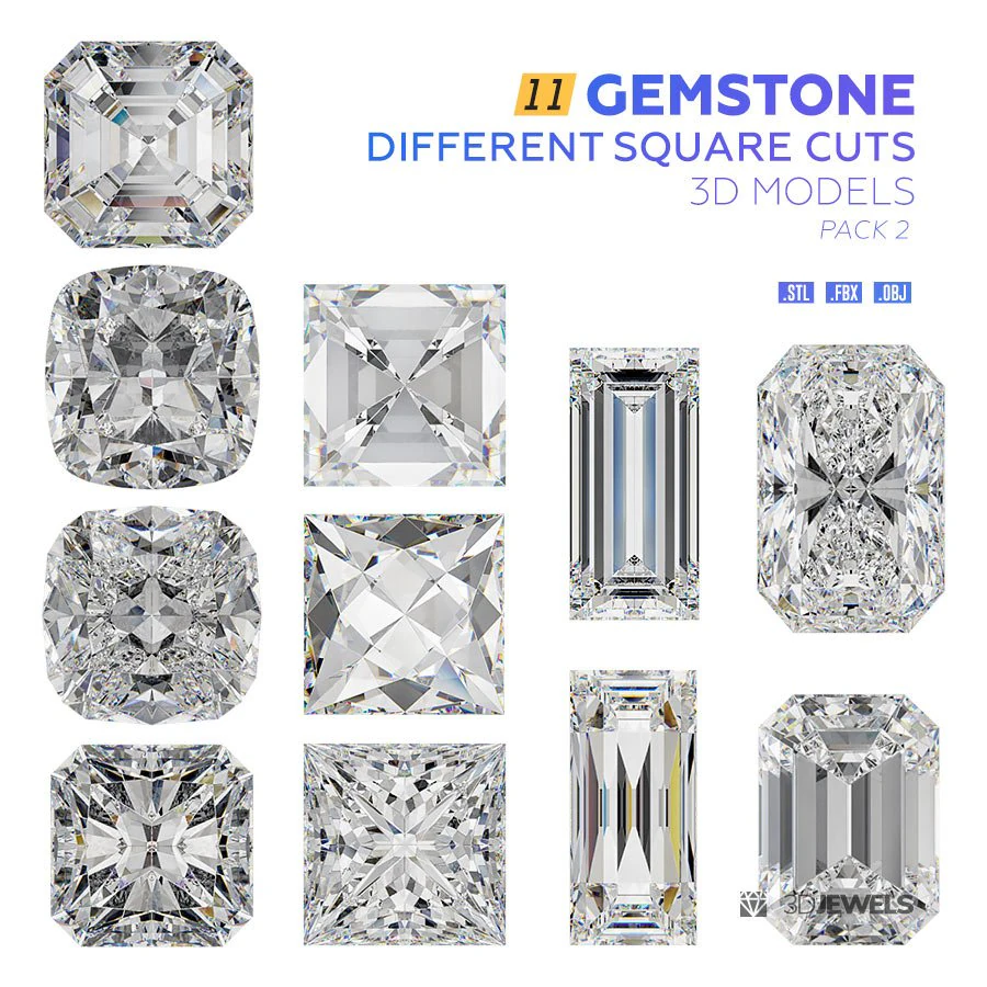 Gemstones in Different Square Cuts s Pack2 3D Model .c4d .max .obj .3ds .fbx .stl .blend