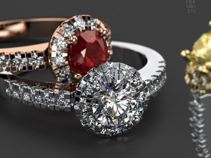 Halo Diamond Engagement Ring with Side Stones 23 sizes 3D मॉडल