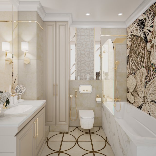 Scene of modern bathroom with bathtube toilet and sink in gold and beige colors 3D Model .c4d .max .obj .3ds .fbx .stl .blend 