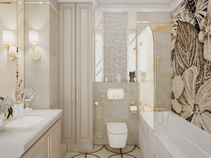 Scene of modern bathroom with bathtube toilet and sink in gold and beige colors Model 3D
