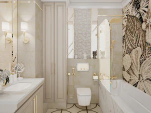 Scene of modern bathroom with bathtube toilet and sink in gold and beige colors 3D Model