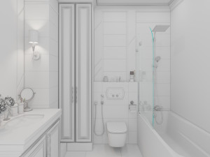 Scene of modern bathroom with bathtube toilet and sink in gold and beige colors 3D Model