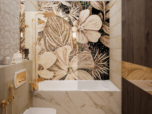 Scene of modern bathroom with bathtube toilet and sink in gold and beige colors 3D Model