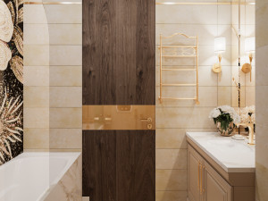 Scene of modern bathroom with bathtube toilet and sink in gold and beige colors 3D Model