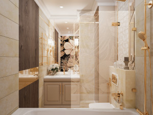 Scene of modern bathroom with bathtube toilet and sink in gold and beige colors 3D Model