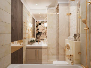 Scene of modern bathroom with bathtube toilet and sink in gold and beige colors 3D Model