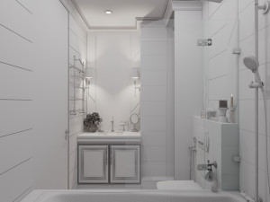Scene of modern bathroom with bathtube toilet and sink in gold and beige colors 3D Model