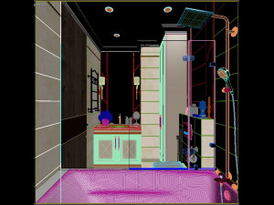 Scene of modern bathroom with bathtube toilet and sink in gold and beige colors 3D Model