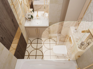 Scene of modern bathroom with bathtube toilet and sink in gold and beige colors 3D Model