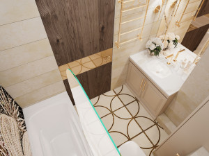 Scene of modern bathroom with bathtube toilet and sink in gold and beige colors 3D Model