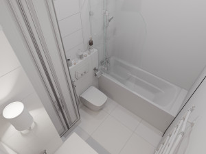 Scene of modern bathroom with bathtube toilet and sink in gold and beige colors 3D Model