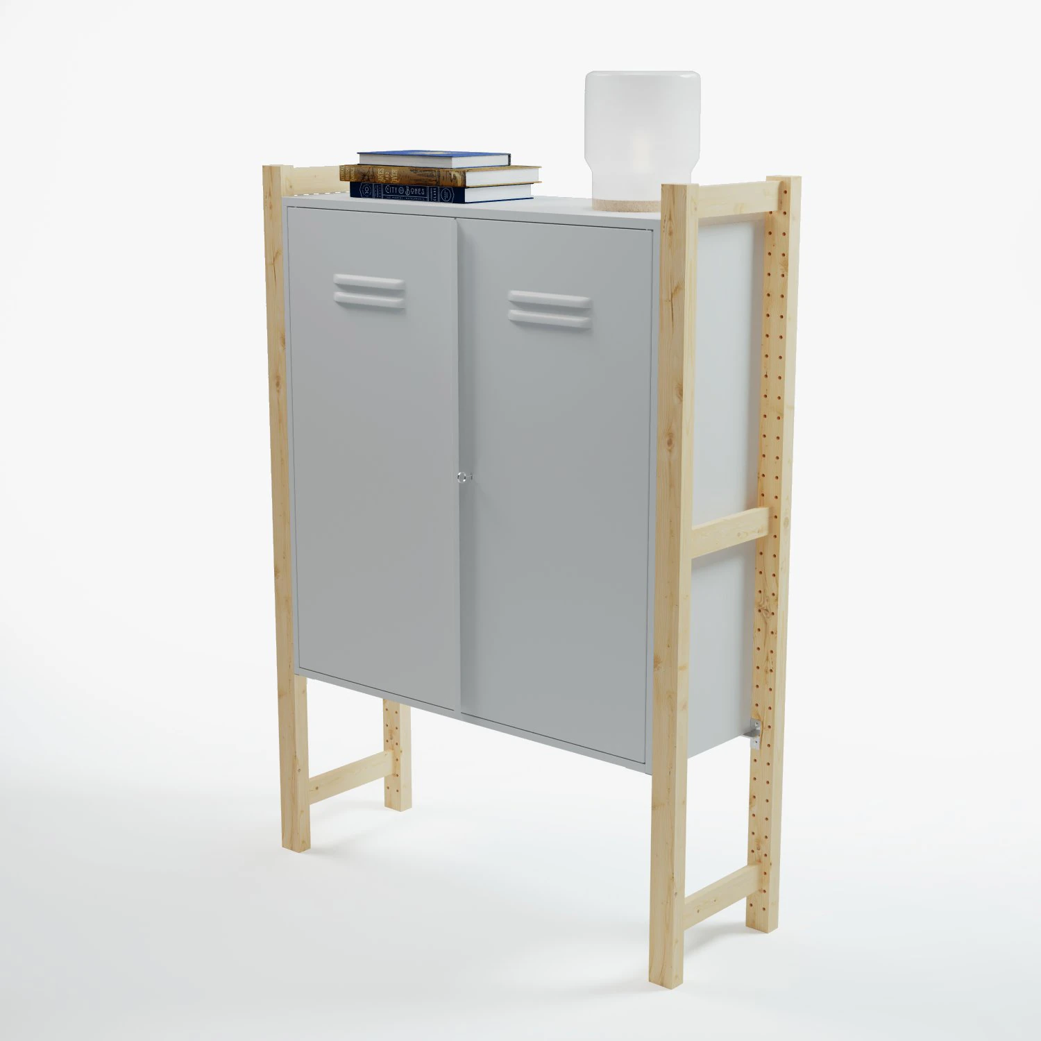 Zestaw IKEA z białą szafką IVAR z drzwiami i drewnianymi słupkami IVAR, książkami i stolikiem ze szkła mlecznego Model 3D .c4d .max .obj .3ds .fbx .stl .blend 