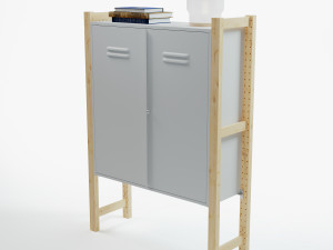 IKEA set with white IVAR Cabinet with doors and IVAR wooden side pillars books and milk glass table 3Dモデル