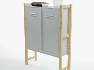 흰색 IVAR 수납장과 문, IVAR 목재 측면 기둥 책, 우유 유리 테이블로 구성된 IKEA 세트 3D 모델