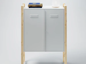 Zestaw IKEA z białą szafką IVAR z drzwiami i drewnianymi słupkami IVAR, książkami i stolikiem ze szkła mlecznego Model 3D