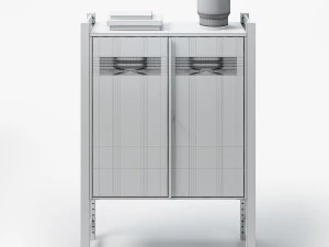 Zestaw IKEA z białą szafką IVAR z drzwiami i drewnianymi słupkami IVAR, książkami i stolikiem ze szkła mlecznego Model 3D