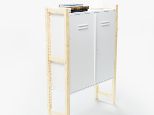 IKEA set with white IVAR Cabinet with doors and IVAR wooden side pillars books and milk glass table 3D 模型