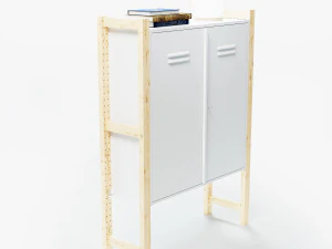 Zestaw IKEA z białą szafką IVAR z drzwiami i drewnianymi słupkami IVAR, książkami i stolikiem ze szkła mlecznego Model 3D