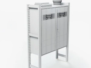 Zestaw IKEA z białą szafką IVAR z drzwiami i drewnianymi słupkami IVAR, książkami i stolikiem ze szkła mlecznego Model 3D