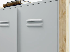 Zestaw IKEA z białą szafką IVAR z drzwiami i drewnianymi słupkami IVAR, książkami i stolikiem ze szkła mlecznego Model 3D