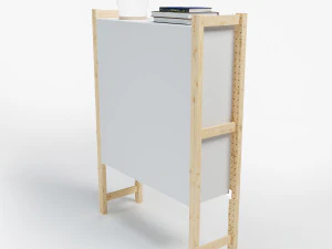 Zestaw IKEA z białą szafką IVAR z drzwiami i drewnianymi słupkami IVAR, książkami i stolikiem ze szkła mlecznego Model 3D