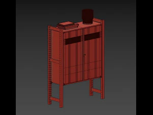 Zestaw IKEA z białą szafką IVAR z drzwiami i drewnianymi słupkami IVAR, książkami i stolikiem ze szkła mlecznego Model 3D