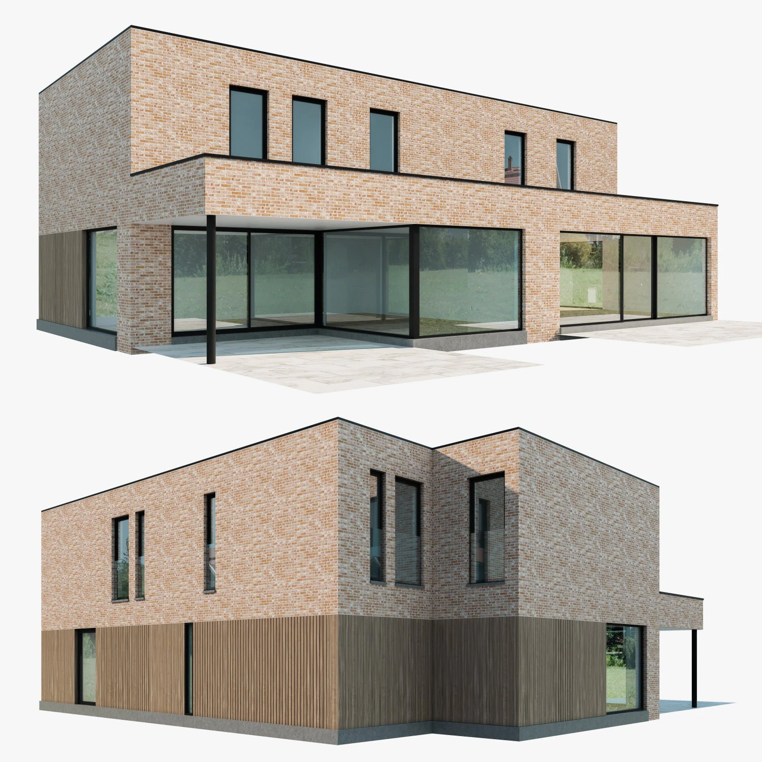 Modern House 02 light brick and wood 3D Model .c4d .max .obj .3ds .fbx .stl .blend