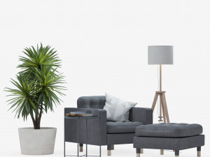 IKEA set with LANDSKRONA armchair and ottoman GLADOM coffe table LAUTERS floor lamp Yucca plant 3D मॉडल