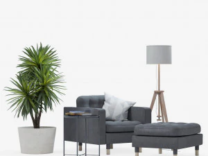 IKEA set met LANDSKRONA fauteuil en poef GLADOM salontafel LAUTERS vloerlamp Yuccaplant 3D Model