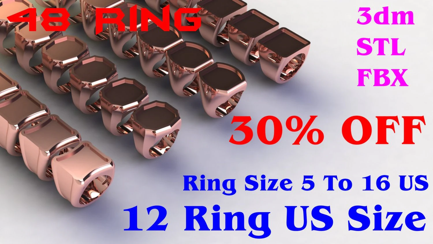 48 Ring Signet Different Size 3D Model .c4d .max .obj .3ds .fbx .stl .blend