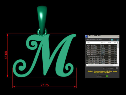 M Letter Alphabet Pendant Cad For Sell Model do druku 3D