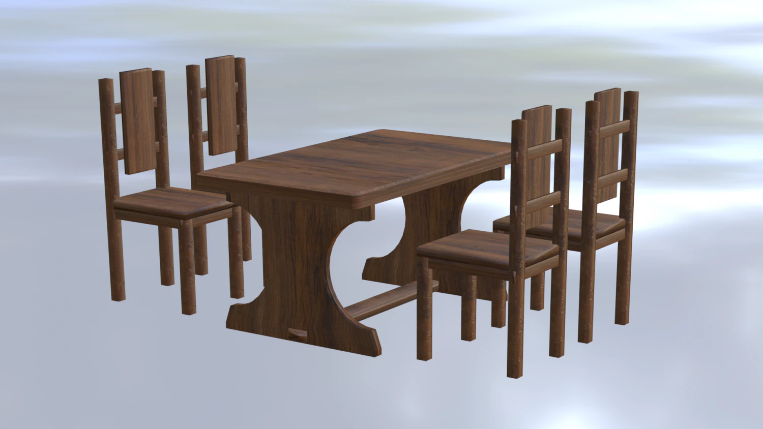 Table with wooden chairs 3D Model .c4d .max .obj .3ds .fbx .stl .blend