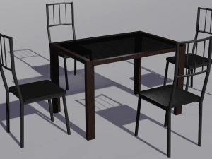 Wooden kitchen table with glass top and chairs 3D Model