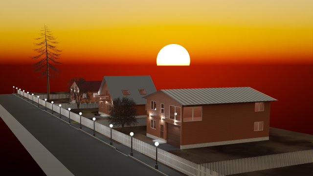 Three wooden houses during the day in the evening and at night Model 3D .c4d .max .obj .3ds .fbx .stl .blend 