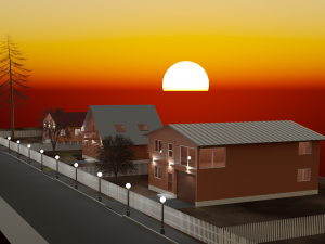 Three wooden houses during the day in the evening and at night Modelo 3D