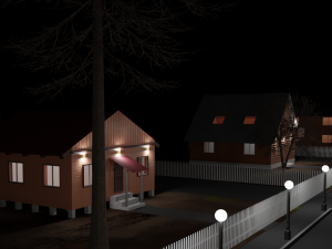 Three wooden houses during the day in the evening and at night Model 3D