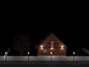 Three wooden houses during the day in the evening and at night Model 3D