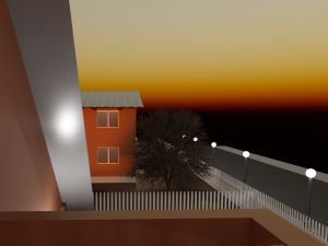 Three wooden houses during the day in the evening and at night Model 3D
