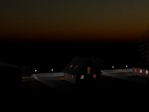 Three wooden houses during the day in the evening and at night Model 3D