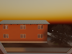 Three wooden houses during the day in the evening and at night Model 3D